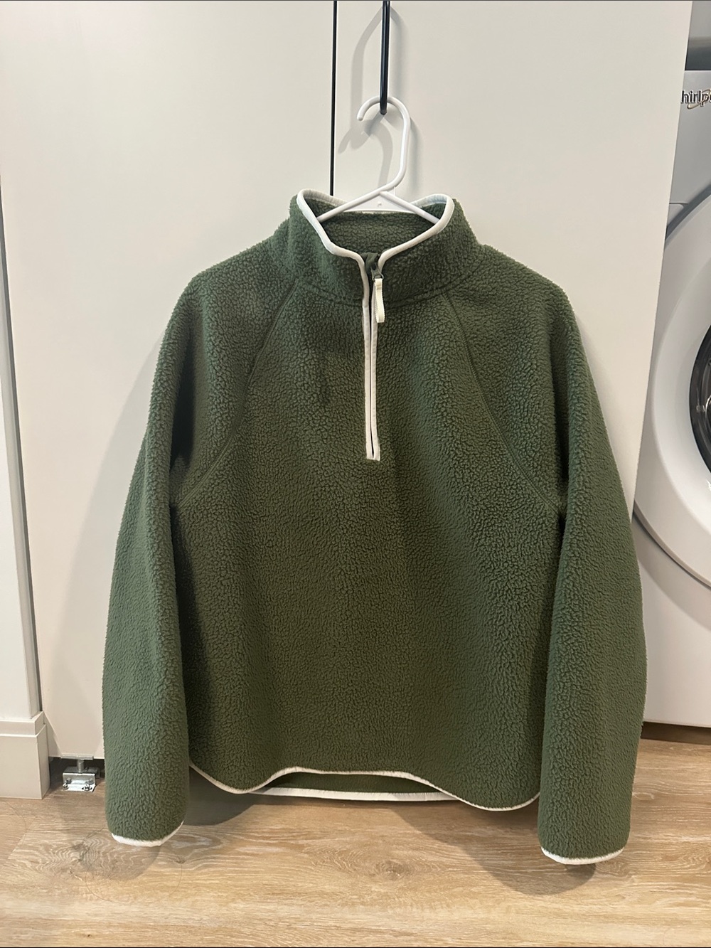 J. Crew Olive Green Sherpa Zip Pullover with White Trim